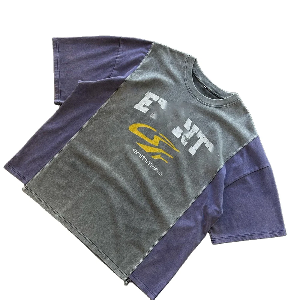 Custom Streetwear Screen Printing Boxy Multi Colors Blocked T-Shirt Man Oversized Acid Wash Cut and Sew T Shirt for Men