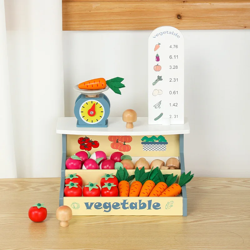 2024 New Children Wooden Role Play Pretend Vegetable Stall Portable Game Educational Activity Kitchen Stand Set Toys Fir Kids