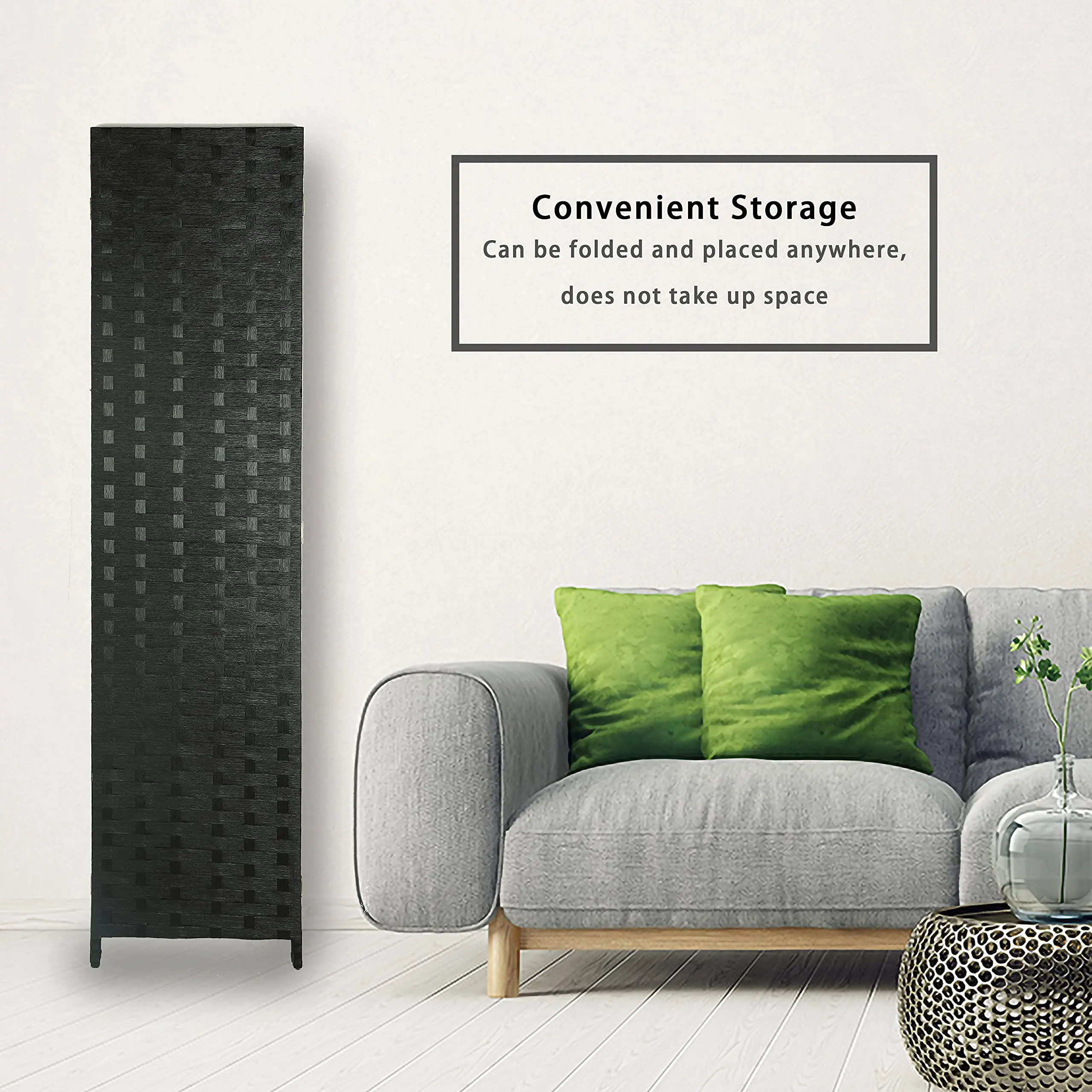 Foldable Free Standing Privacy Screen Handmade 6ft High Fiber Screen Black 4 Panel Room Divider for Living Room, Office and Stud