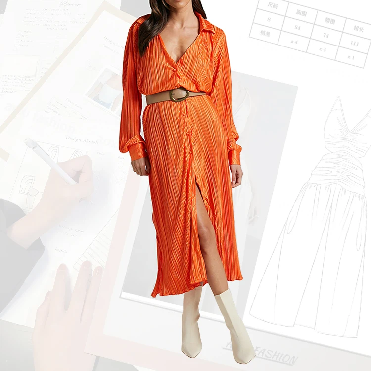 Plus Size Clothing Custom Supplier Fashion casual Ladies Elegant solid color long sleeve pleated ladies office dress with belt