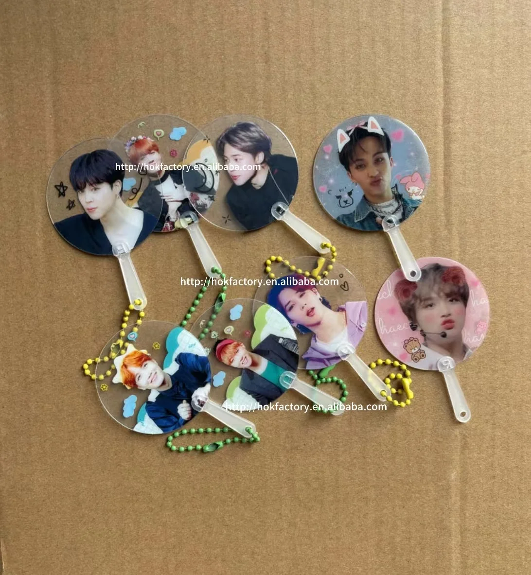Merchandise custom round shape folding fan kpop transparent double side picket fan with keychain