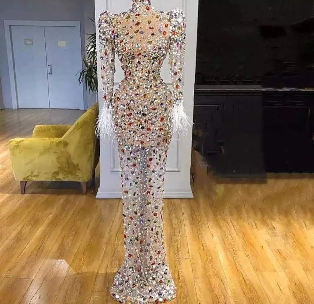 OEM Luxury See Through Rhinestone Feather Ropa De Mujer Vestidos Longos Prom Dresses European Wedding Dress Maxi Dresses Women