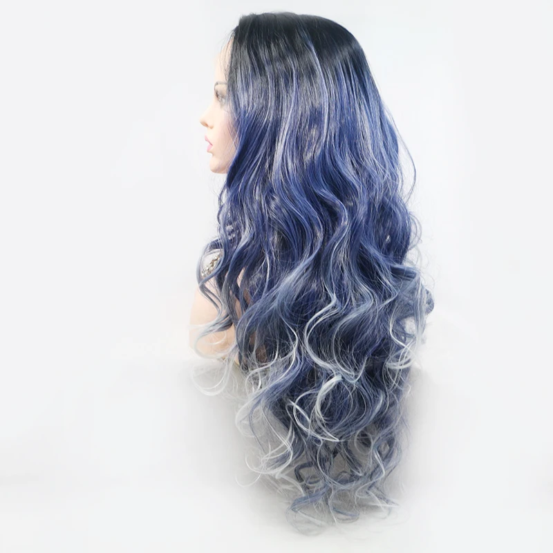 Factory Dropshipping Perruque Synthetique Dark Blue Mixed Color Body Wave Cosplay Wig With Lace Front