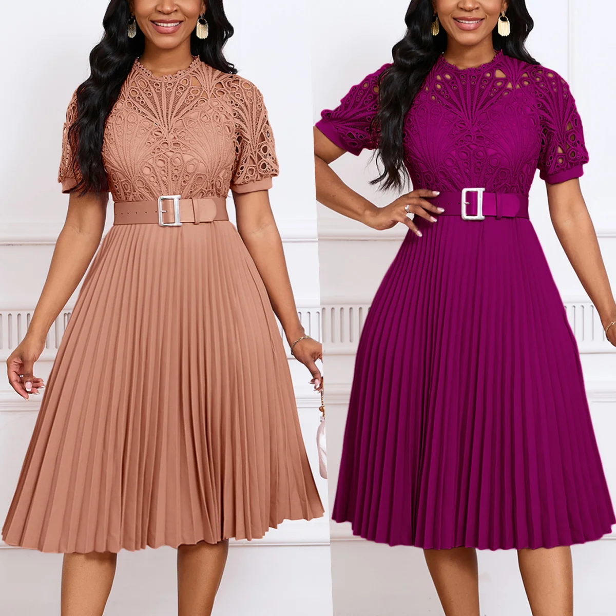 D499 Latest Design Ladies Spring Dress Temperament Solid Lace Dresses Women Hook Flower Hollow Out Pleated Dress