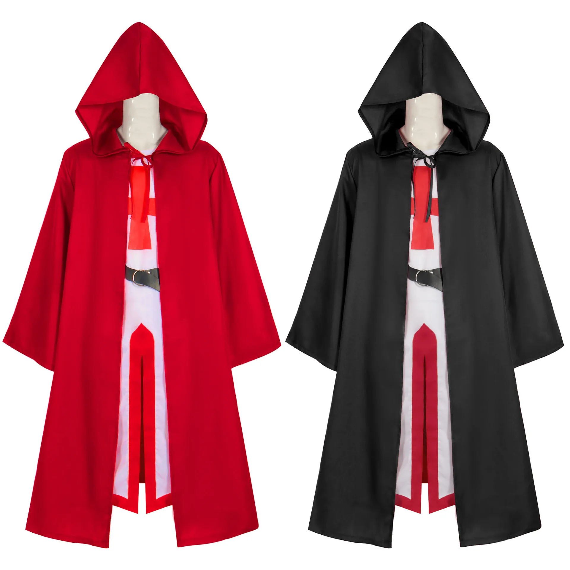 Mens Medieval Crusader Knights Templar Tunic Costumes Renaissance Boys Halloween Surcoat Warrior Black Plague Cloak Cosplay Top