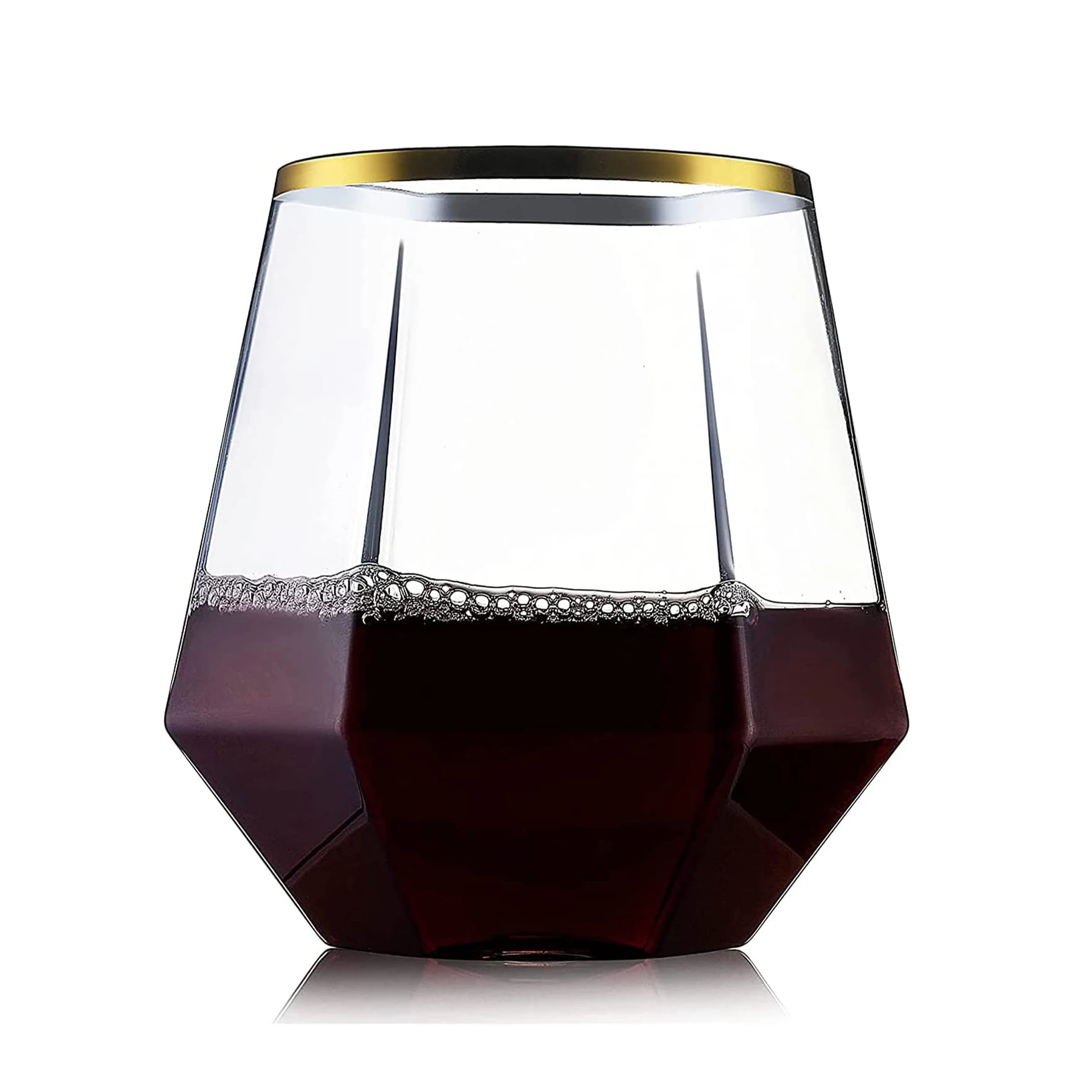 Gold Rim Diamond Shaped Plastic Stemless Glassware 12oz Clear Hexagonal Stemless Plastic Wine Goblets Shatterproof Recyclable