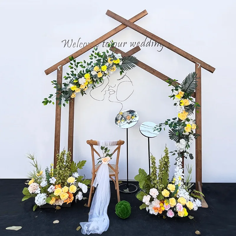 Wedding props forest style wooden arch brown wooden door church wedding background decoration silk flower stand wedding arch