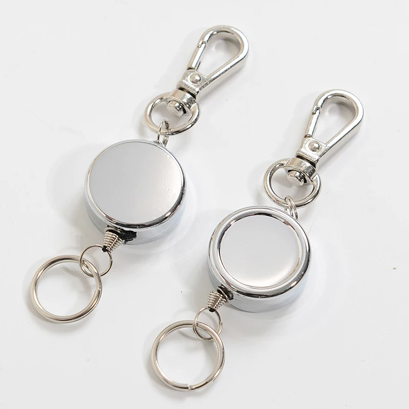 Promotional metal badge reel clip retractable keyring with nylon wire rope for securing keys