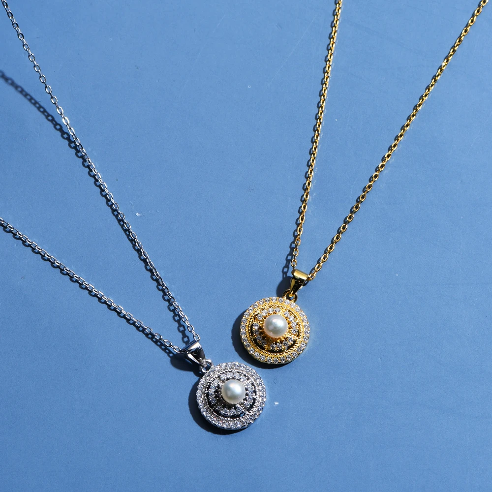 WALSTER 100% 925 Sterling Silver Full High Carbon Carbon Diamond Pearl Round Pendant Necklace For Women Wedding Fine Jewelry