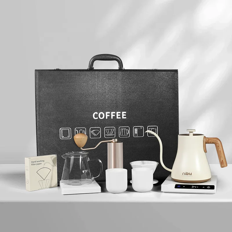 NIBU Travel Pour Over Coffee Gift Box Leather Suitcase Coffee Kit With Electric Kettle Coffee Set