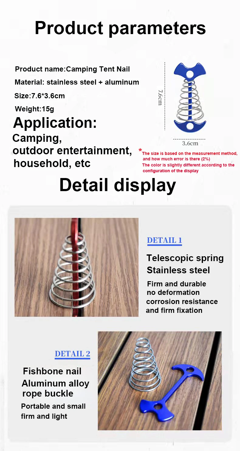Outdoor aluminum alloy spring fishbone pegs multifunctional tent top accessories staking adjustment rope buckle tent pegs