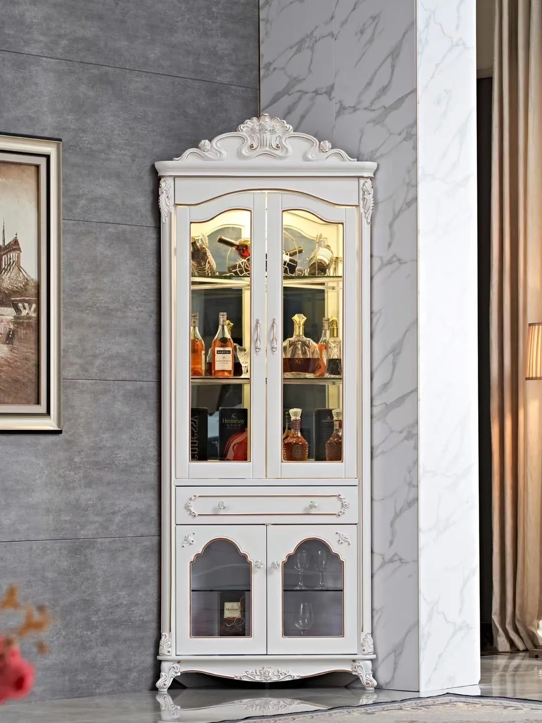 Classic Antique Chic Furniture Glass Wine Bar Cabinet French Style White Corner Cabinets