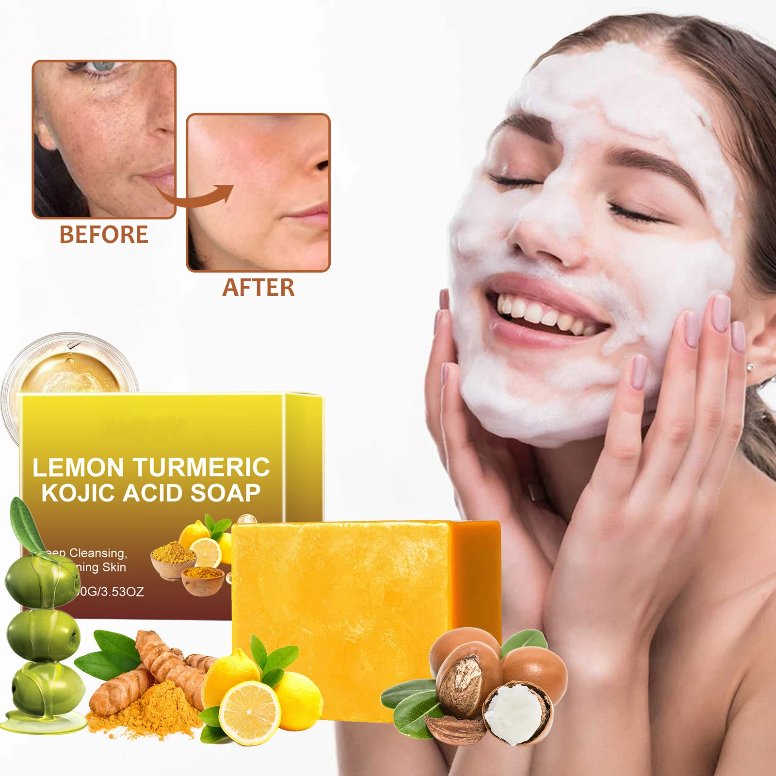 Private Label Lemon Turmeric Kojic Acid Soap For Face Natural Deep Cleansing Brightening Skin Handmade Turmeric Kojic Lemon Soap