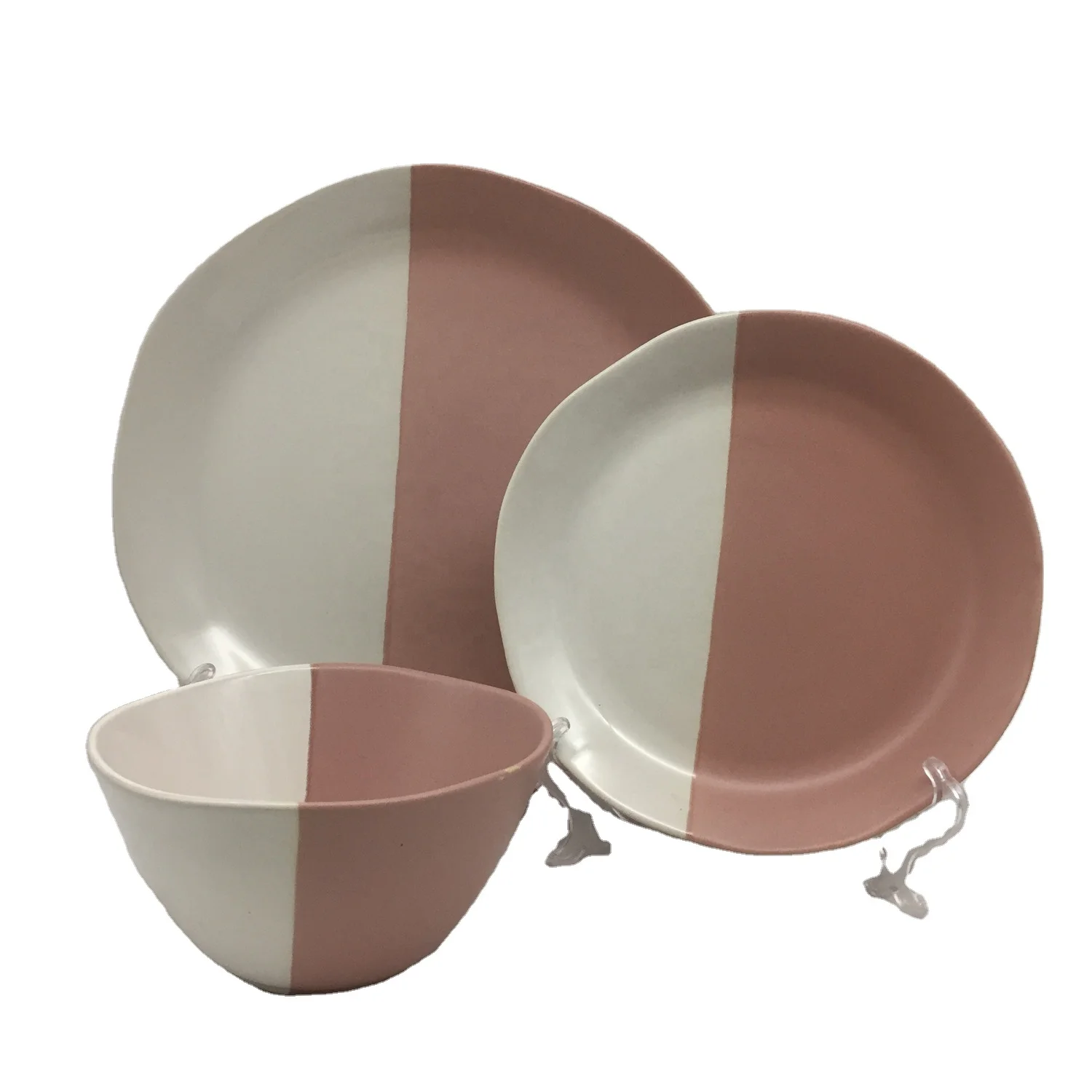 
hot sale wholesale household cheap stoneware dinnerware sets pink & white double colors dinner set 