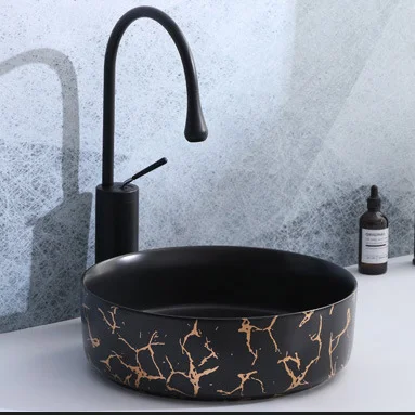 Hot sale marble pattern countertop sink ceramic art hand wash basin countertop matte black bathroom sinks