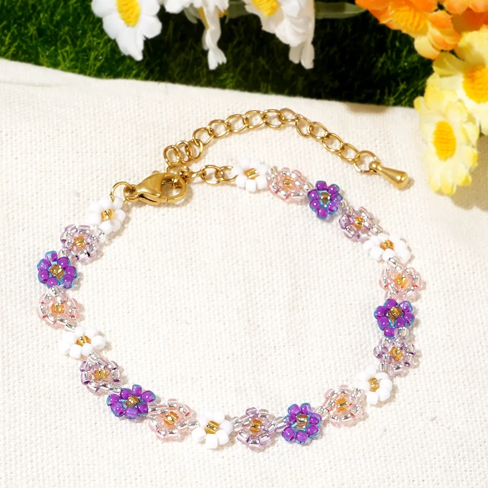 Bohemian Dainty Jewellery Gift Aesthetic Crystal Glass Seed Bead Colorful Floral Bracelet Daisy Flower Bracelet