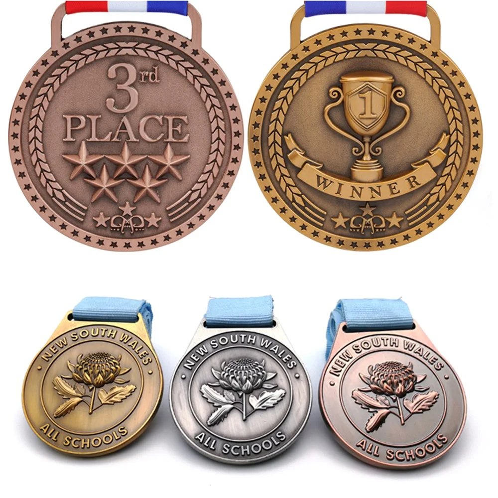 Wholesale Custom logo Cheap Blank Volleyball Honorary Ribbon Gold Silver Plain Metal Sports Award Medal