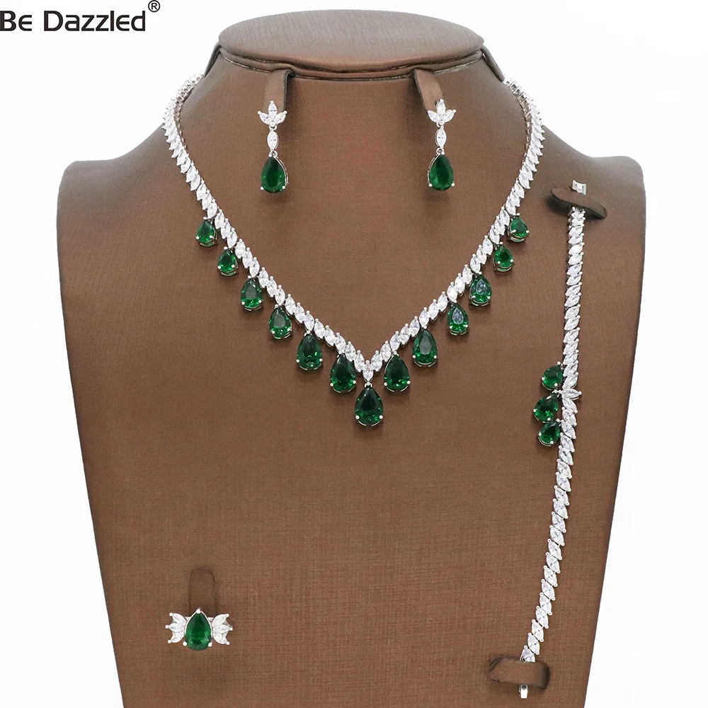 Ethiopian Silver Crystal Horse Eyes Zircon Zambia Emerald Green Stone Bridal Jewelry Set Engagement Wedding Party 4pcs Set