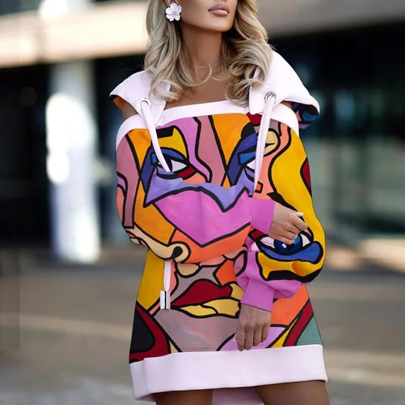 Осенне-зимний новый женский топ с принтом средней и длинной прострочкой свитер с открытыми плечами и капюшоном с длинными рукавами