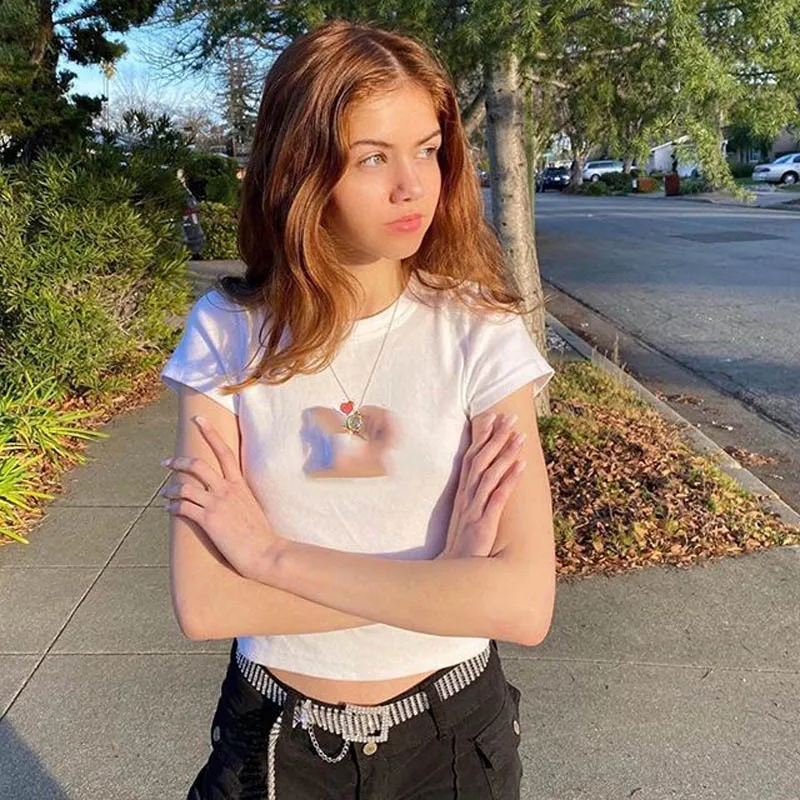2022 Y2K screen print crop tops women aesthetic cute white tops slim Kawaii short sleeve O neck baby women t-shirt summer
