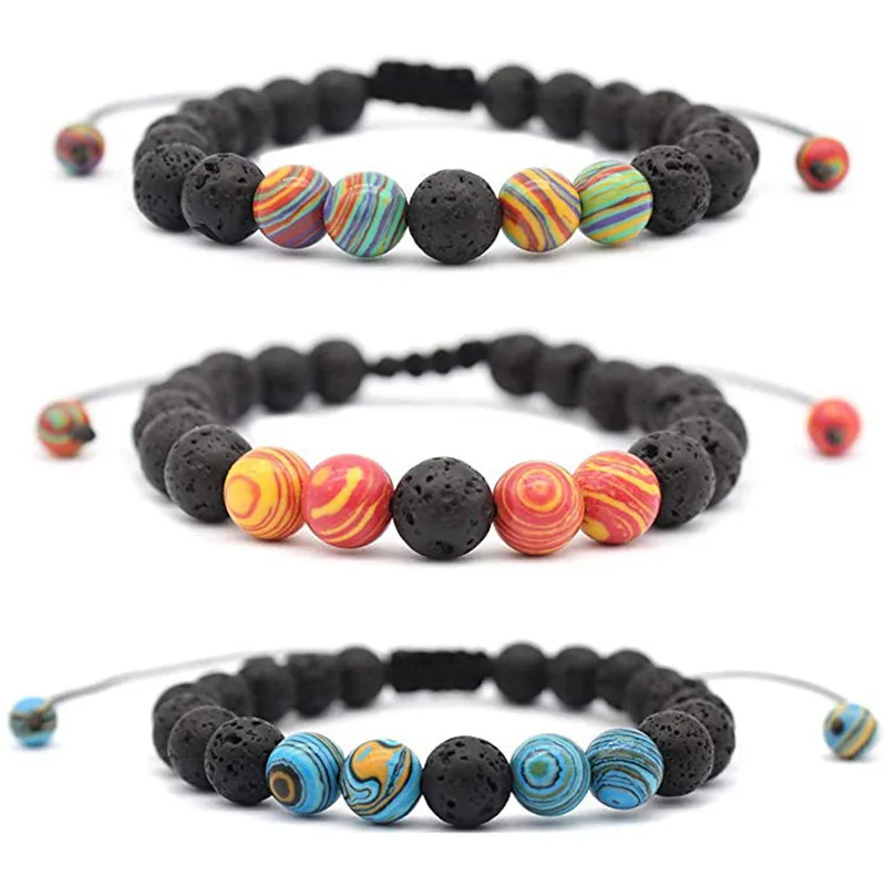 Yoga Prayer Chakra Jewelry Adjustable Natural Lava Stone Bracelet Colorful Striped