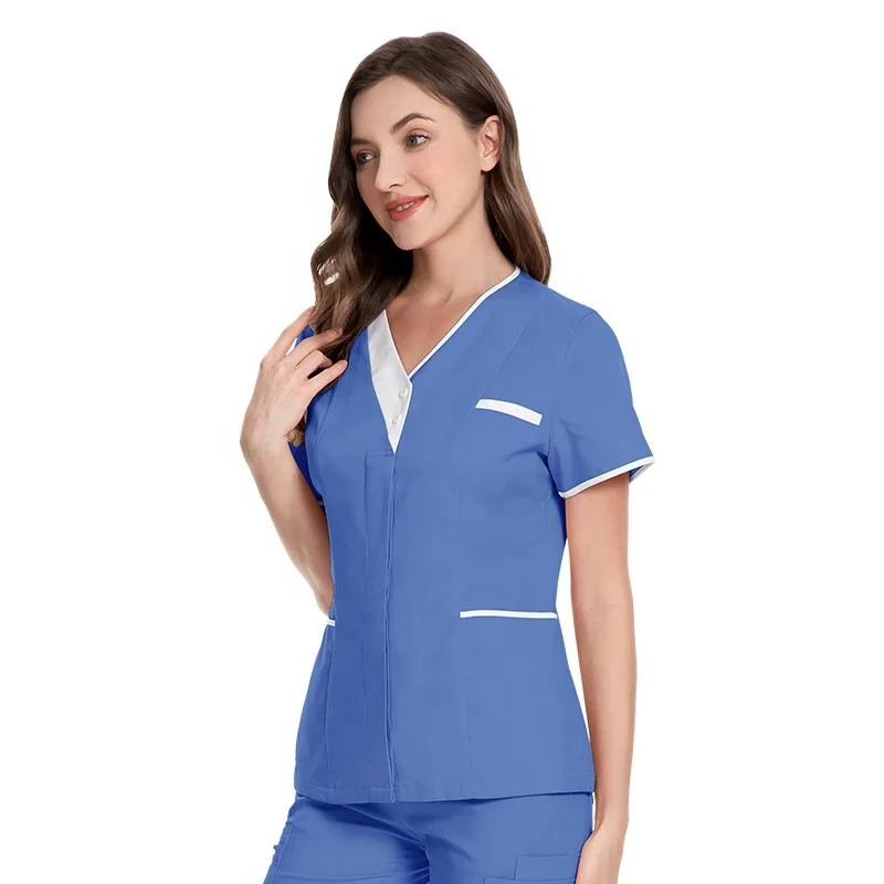 Cheap Wholesale Beauty Salon Work Uniforms Short Sleeved Women Blue Black Blouse Tops V-neck Nurse Uniform Female Nurse Shirt