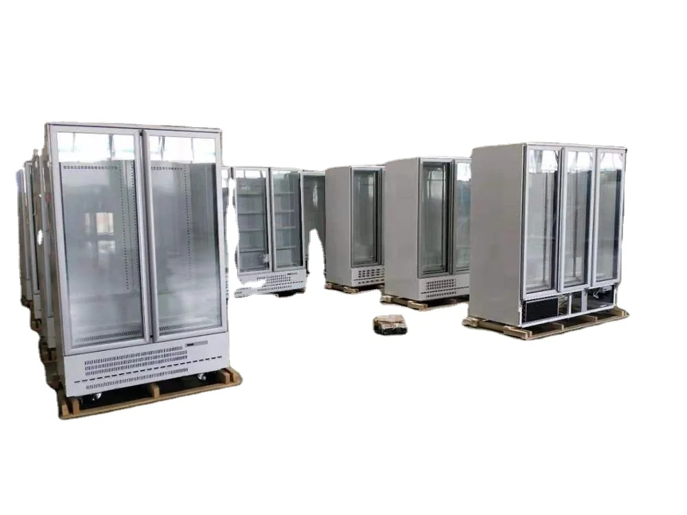 Supermarket Commercial Vertical Plug In Upright Glass Door Cold Energy Drink Beverage Display Refrigerator Freezer