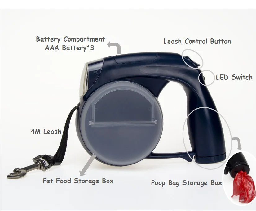 5 in 1 Retractable Dog Leash LED Dog Leash with Dog Bowl Poop Bag Holder