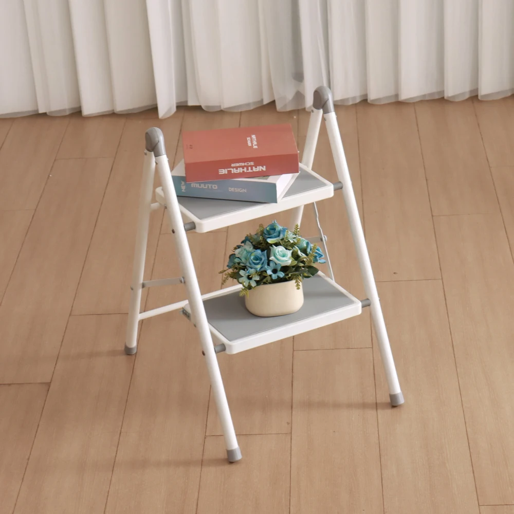 Simple design safety fold step stool kitchen metal steel folding 2 step chair ladder with anti-slip foot cap