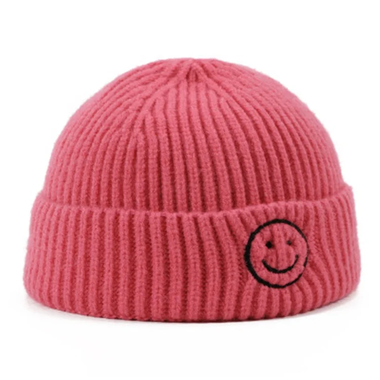 
Custom Fashion Korean Man Woman Beanie Hat Letters Embroidery Smiley Face Pattern Woollen Knit Skullcap Watermelon Hat 