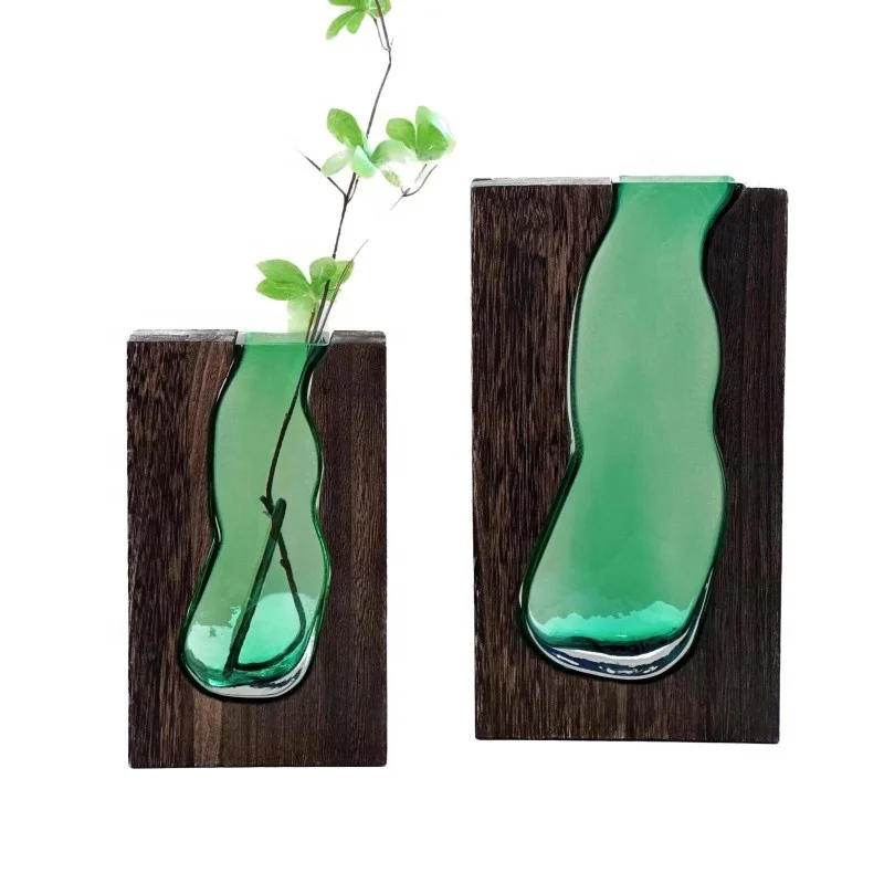 Wholesale custom dark green glass vases Home decoration glass vases combining wood and glass