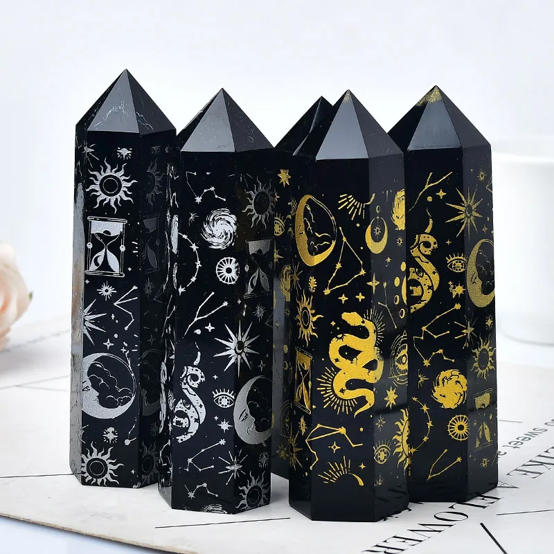 Natural Crystal Carved Obsidian Star-Moon Crystal Tower Crystal Point Healing Stone Hexagonal Obelisk