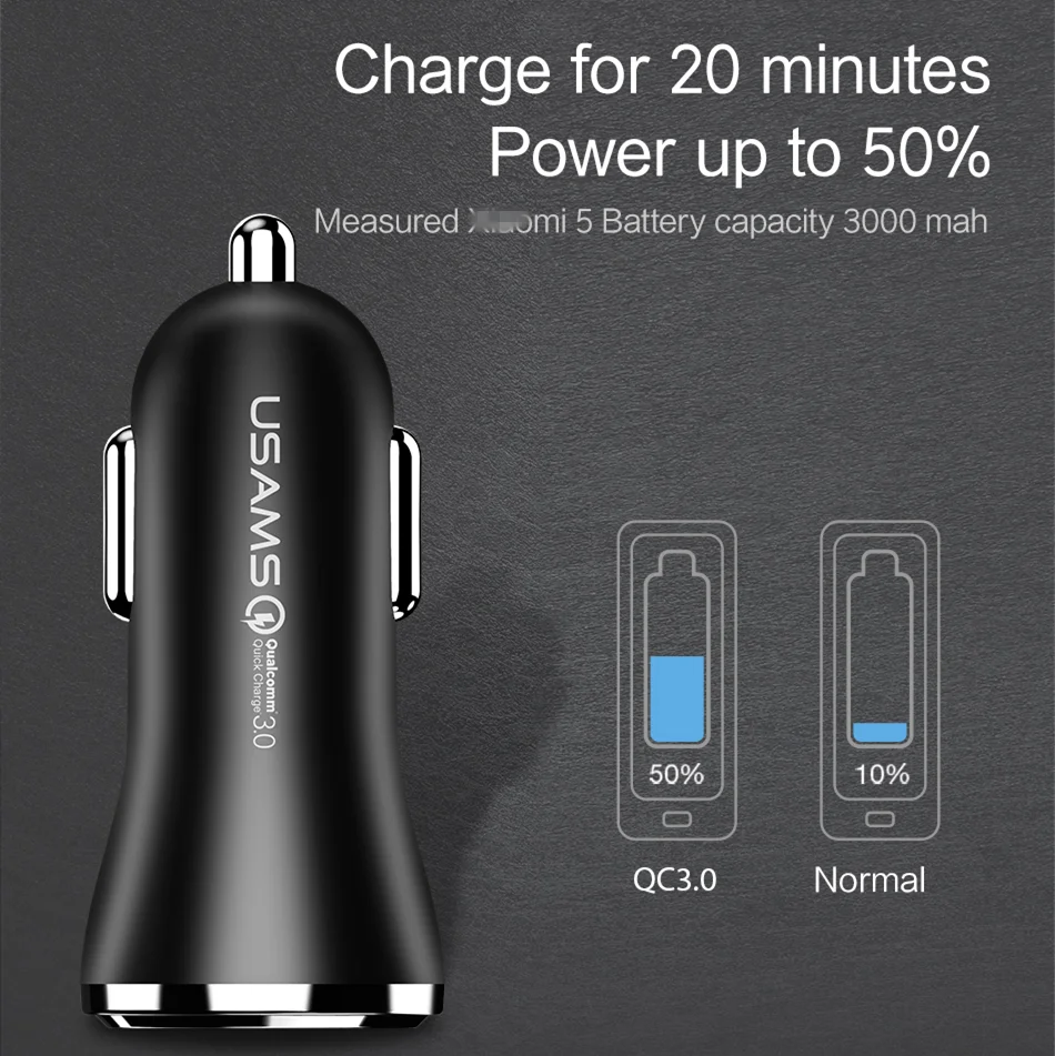 
USAMS US-CC028 QC 3.0 USB Cargador 2.4A 18W Power Delivery Cheap Dual Ports Adapter ABS Car Charger for Android 