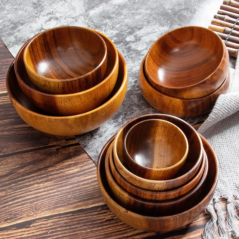 Good Quality Wood Bowl for Food, Fruits, Salads Acacia Wooden Serving Bowl Bamboo Bowls