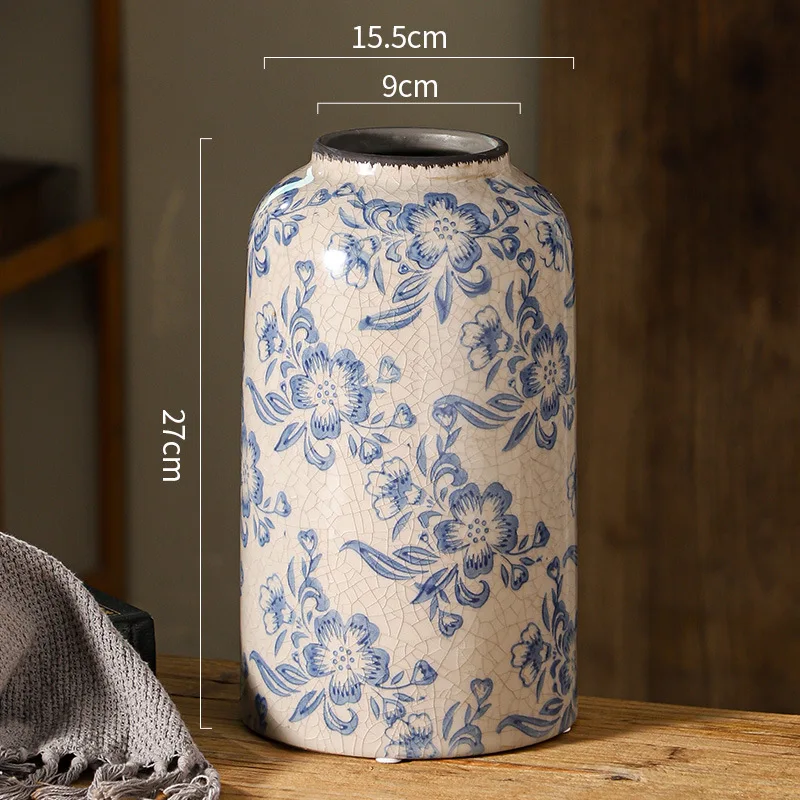 American country crackle basket color flowers hydroponic holly red fruit floral retro blue and white porcelain ceramic vase