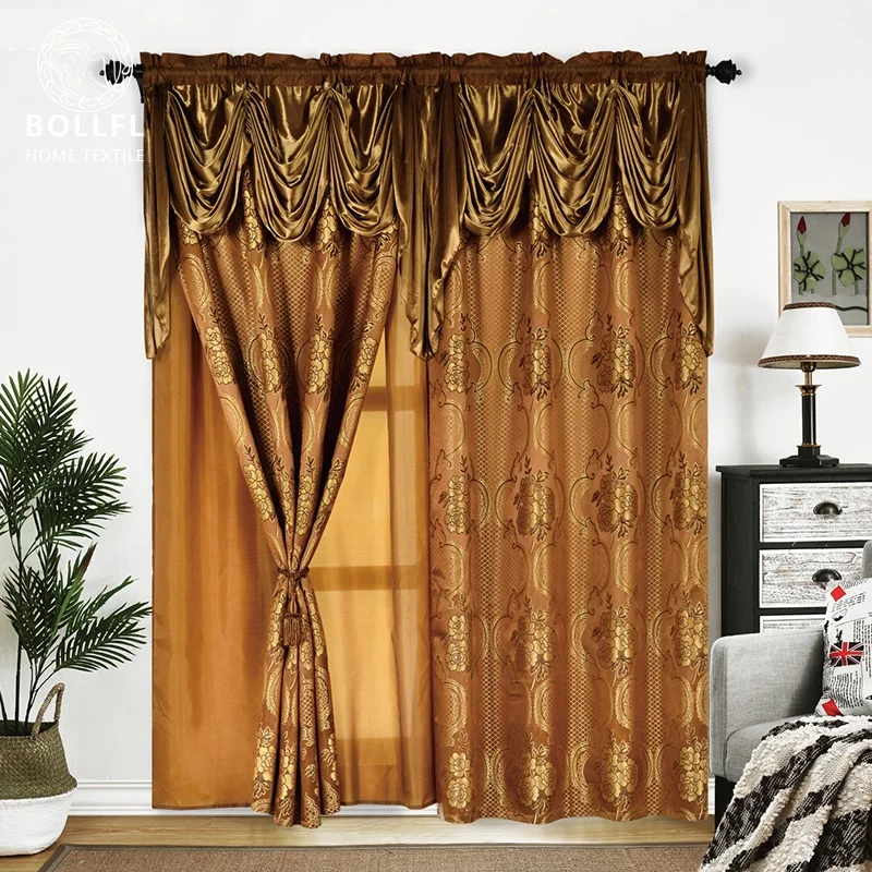 Burgundy Color Design  Shiny Fancy Jacquard Curtain with Attach Valance Accept Customization