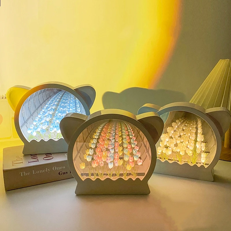 Creative Gift LED Tulip Mirror Night Light Material Pack Infinite Tulip Flower Home Decor Light Handmade DIY Cat Head Tulip Lamp