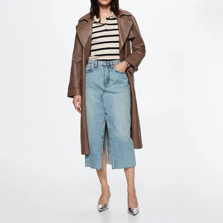 2023 New Wholesale Custom Summer Split Front Denim Midi Length Pencil Blue Skirt For Women