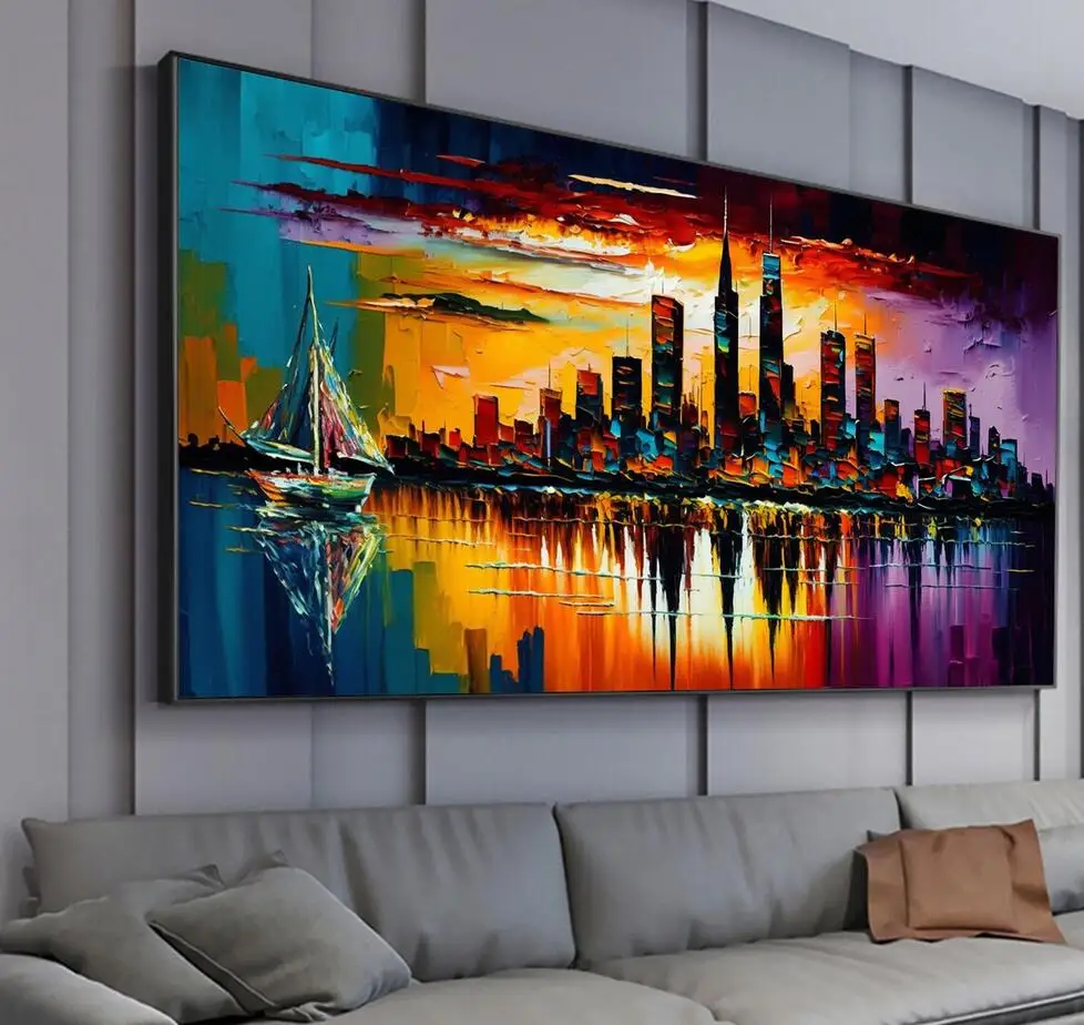 Sunset City Landscape Oil Painting On Canvas Abstract Colorful Seaside Cityscape Painting Wall Art Living Room Wall Decor