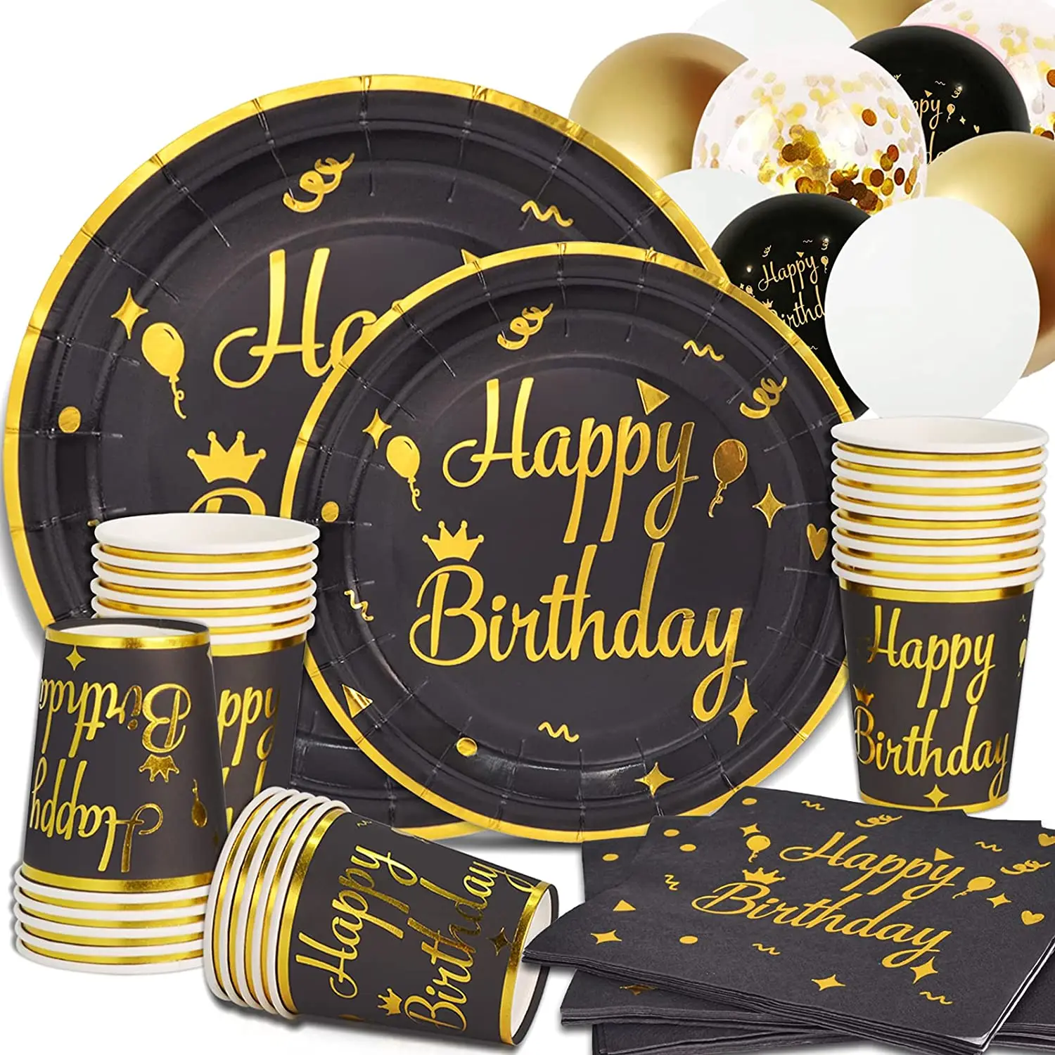 Black Paper Plate Cups Napkins Happy Birthday Plates Decoration Disposable Tableware Set Party Supplies