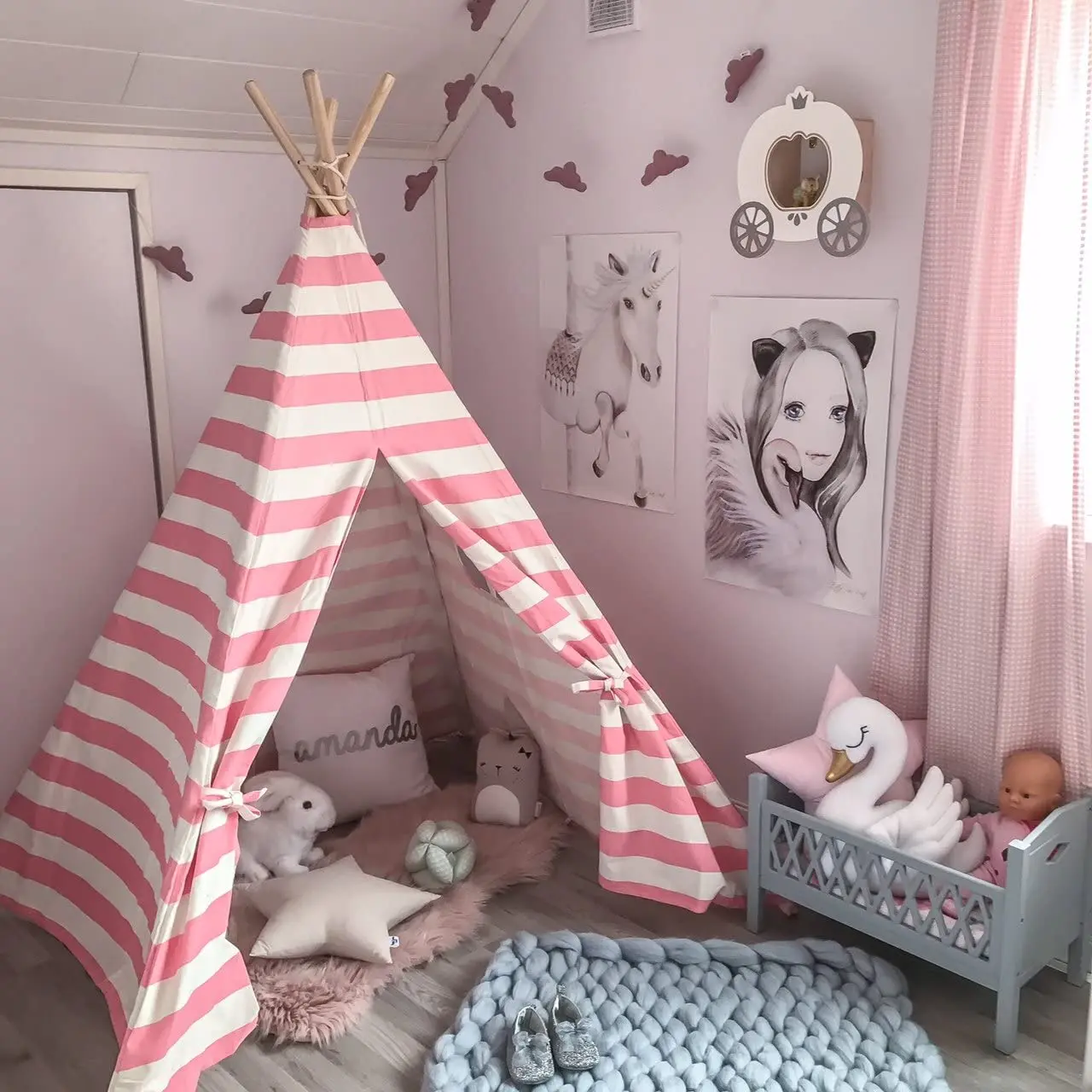 Teepee Tent for Kids Foldable Play Canvas  Stripe printing Kids Tents for Girls&Boy  Lace Tent for Wedding Party Photo Prop