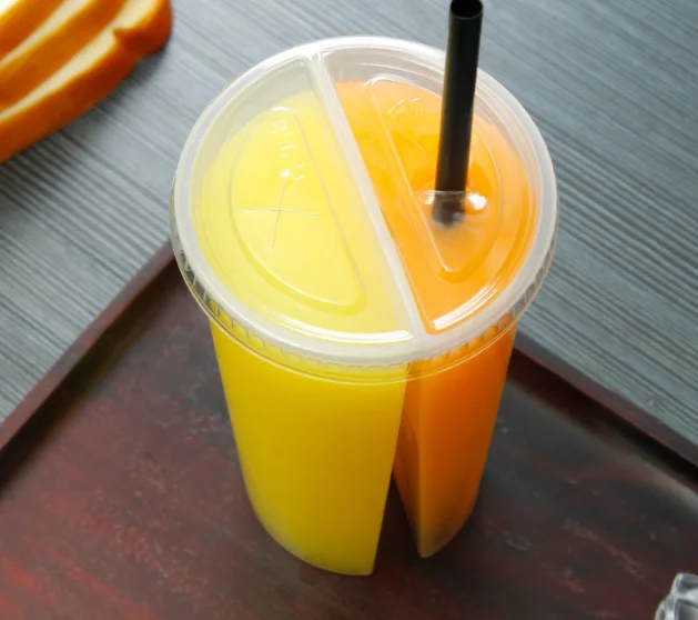 700ml PP Plastic Cup Twins Split Cup Boba Bubble Tea Double Shared 2 Flavour Juice Drink Cup With Lid Custom Logo Print
