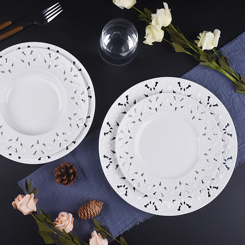 Modern European Design Ceramic Charger Plate Dish Porcelain Material with Pierced Rim Glazed Technique Soup Plate, Flat Plate