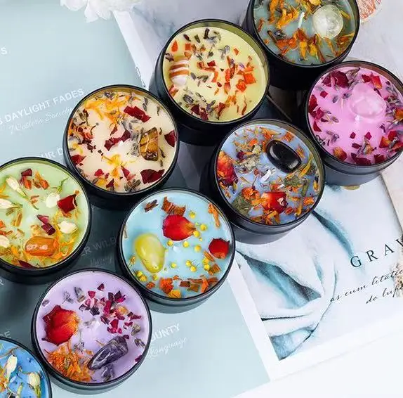 Luxury Crystal Dried Flower Scented Candle Tinplate Tin Can Smokeless Soy Wax Natural Plant Essential Oil Fragrance New