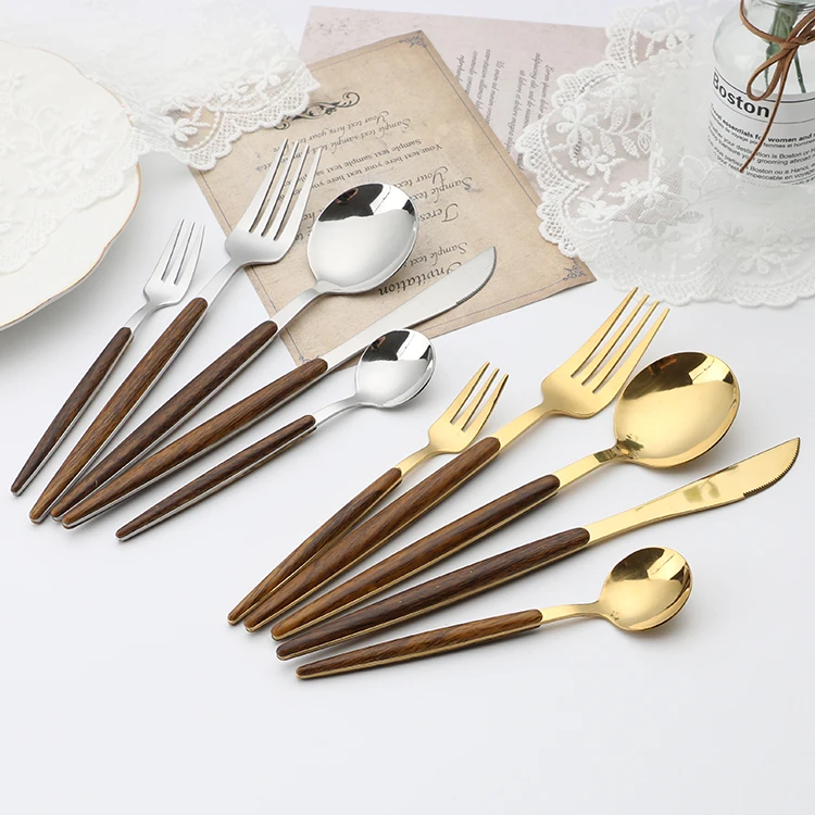 Amazon Hot Sale 5pcs Stainless Steel Metal Spoons And Forks Set With Wooden Handle