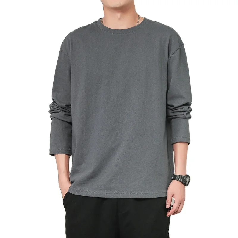 100% cotton Men pure cottons T-shirt round neck long sleeve solid casual shirt custom logo sportswear fashion high street