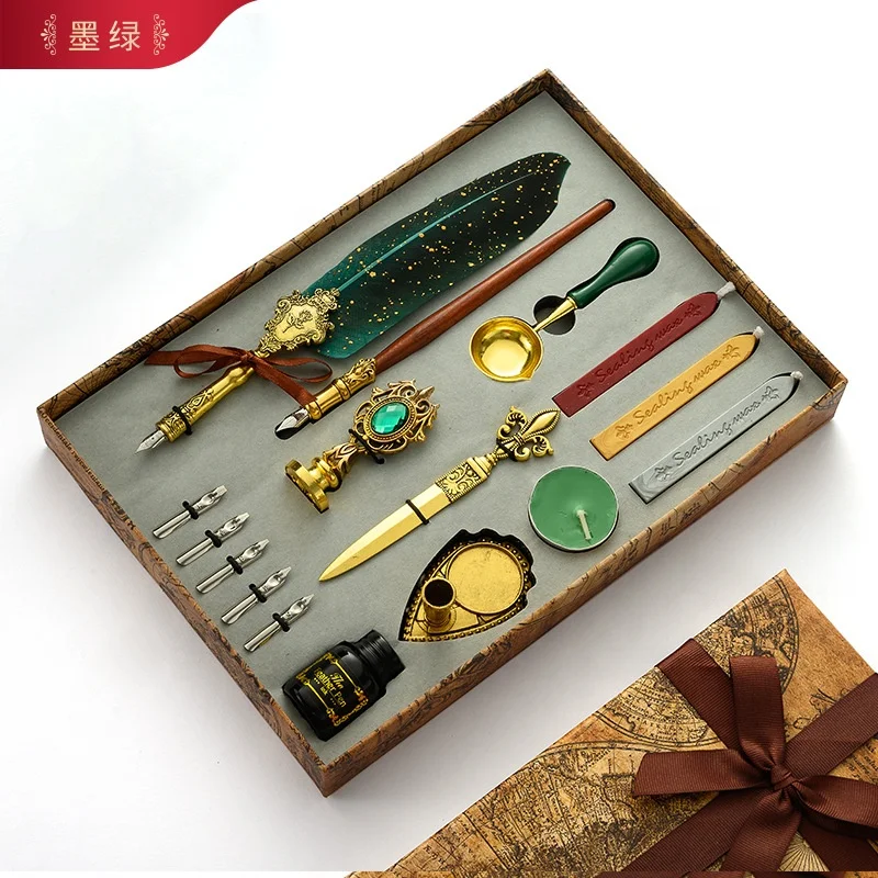 Handmade Vintage European feather dip pen set