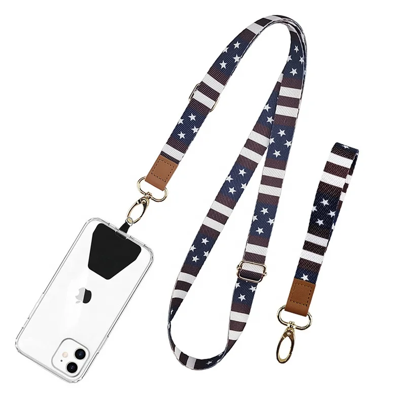 Wholesale adjustable sublimation mobile phone necklace shoulder crossbody wrist lanyard straps with phone patch for phone case