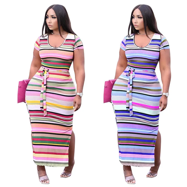 Summer Print Dresses Women Casual Summer Short Sleeve Stripe Dress Fashion Plus Size Dress