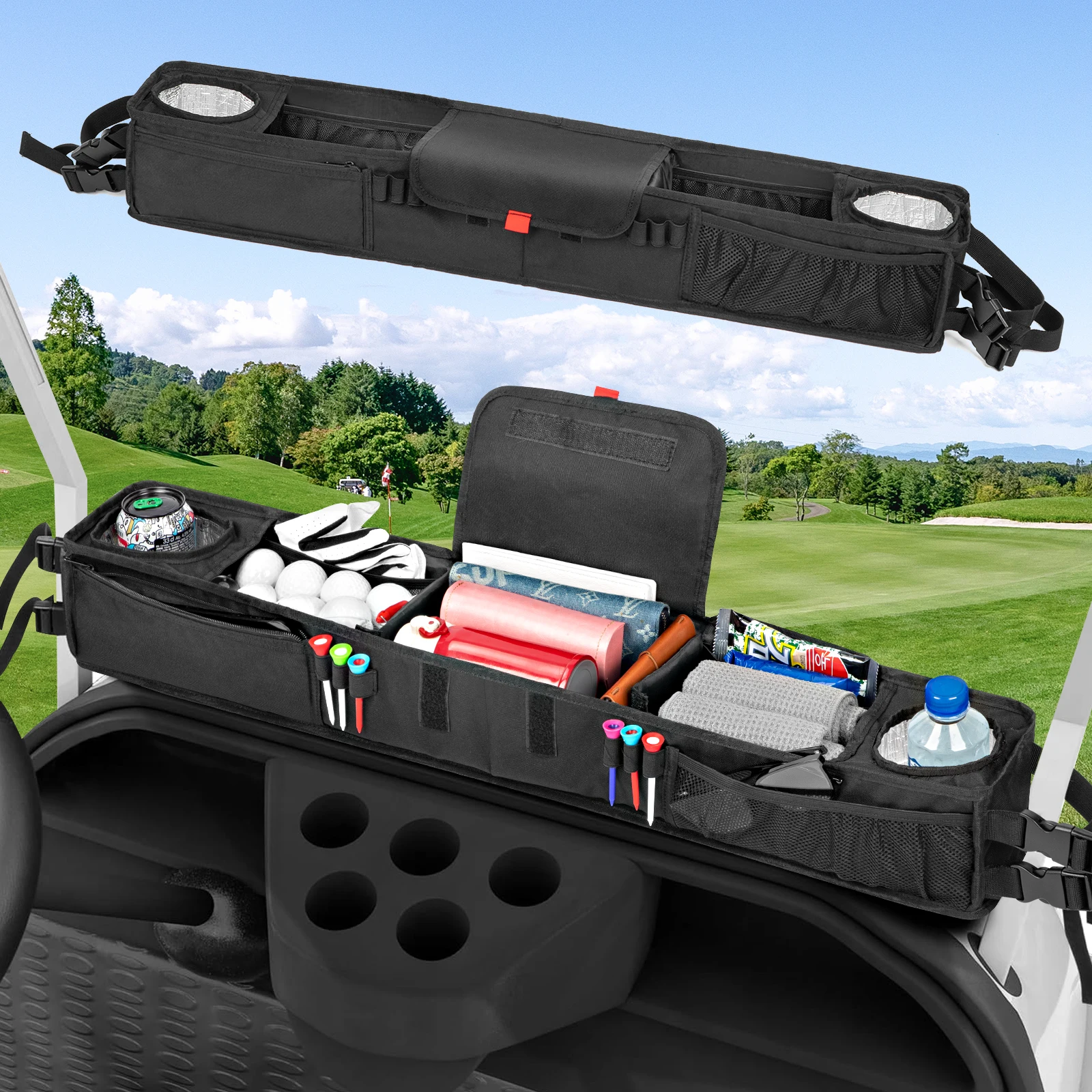 Latest Design Fordable Golf Car Trunk Storage Organizer Nylon Golf Cart Front Storage Basket With Insulated Cup Holders